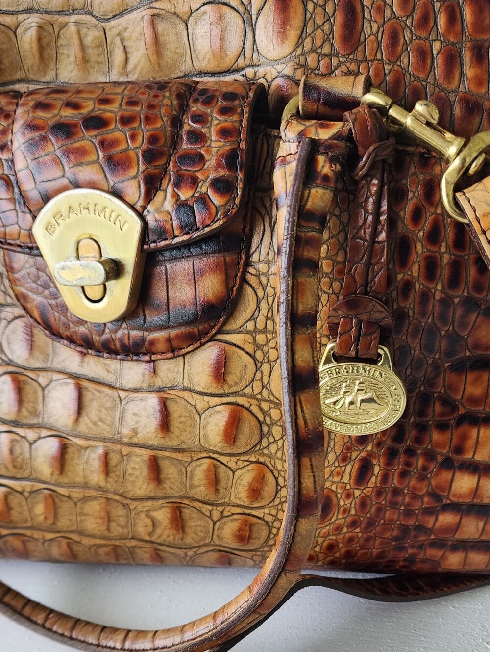 Brahmin Tan and Brown Crocodile-Embossed Satchel - Picture 4 of 15